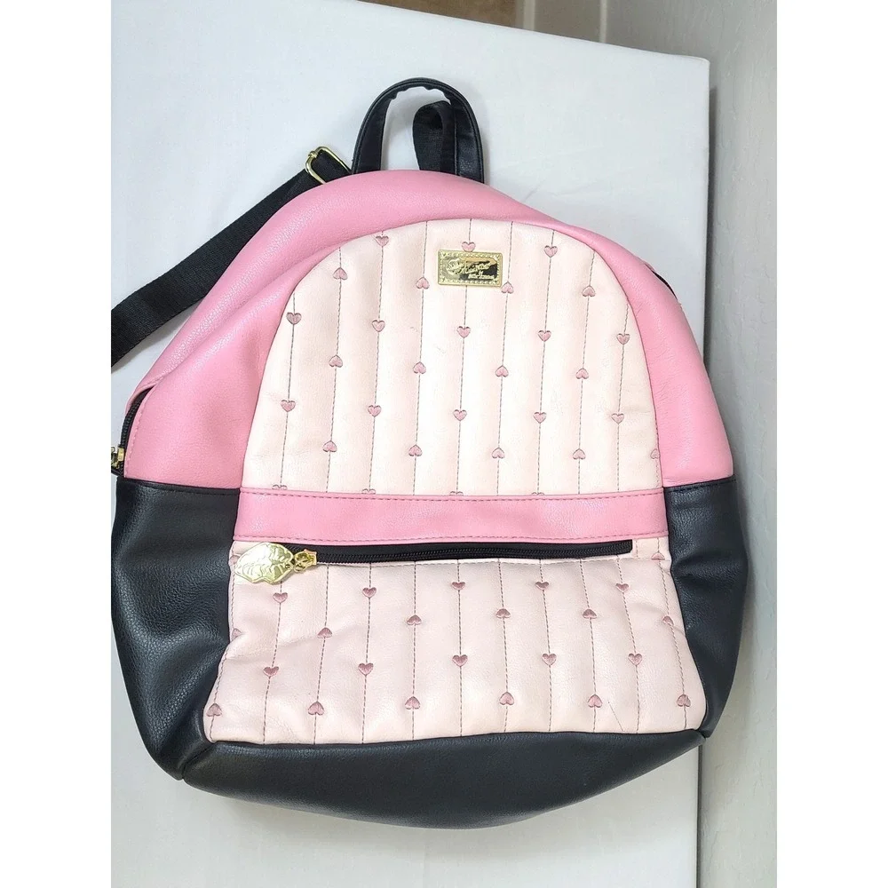 Luv Betsey Backpack Women Pink Black Heart Quilted Faux Leather Gold Tone